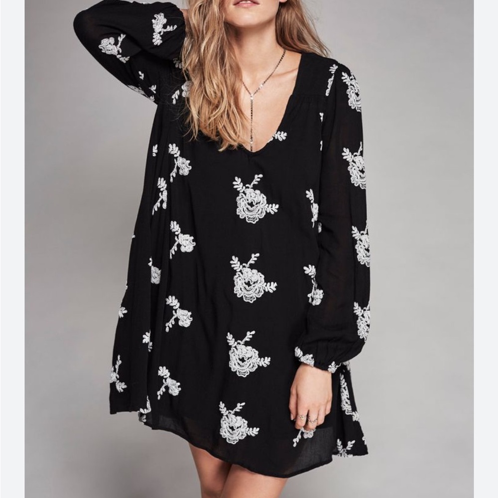 Free People Black Floral Embroidered Austin Dress Size Small